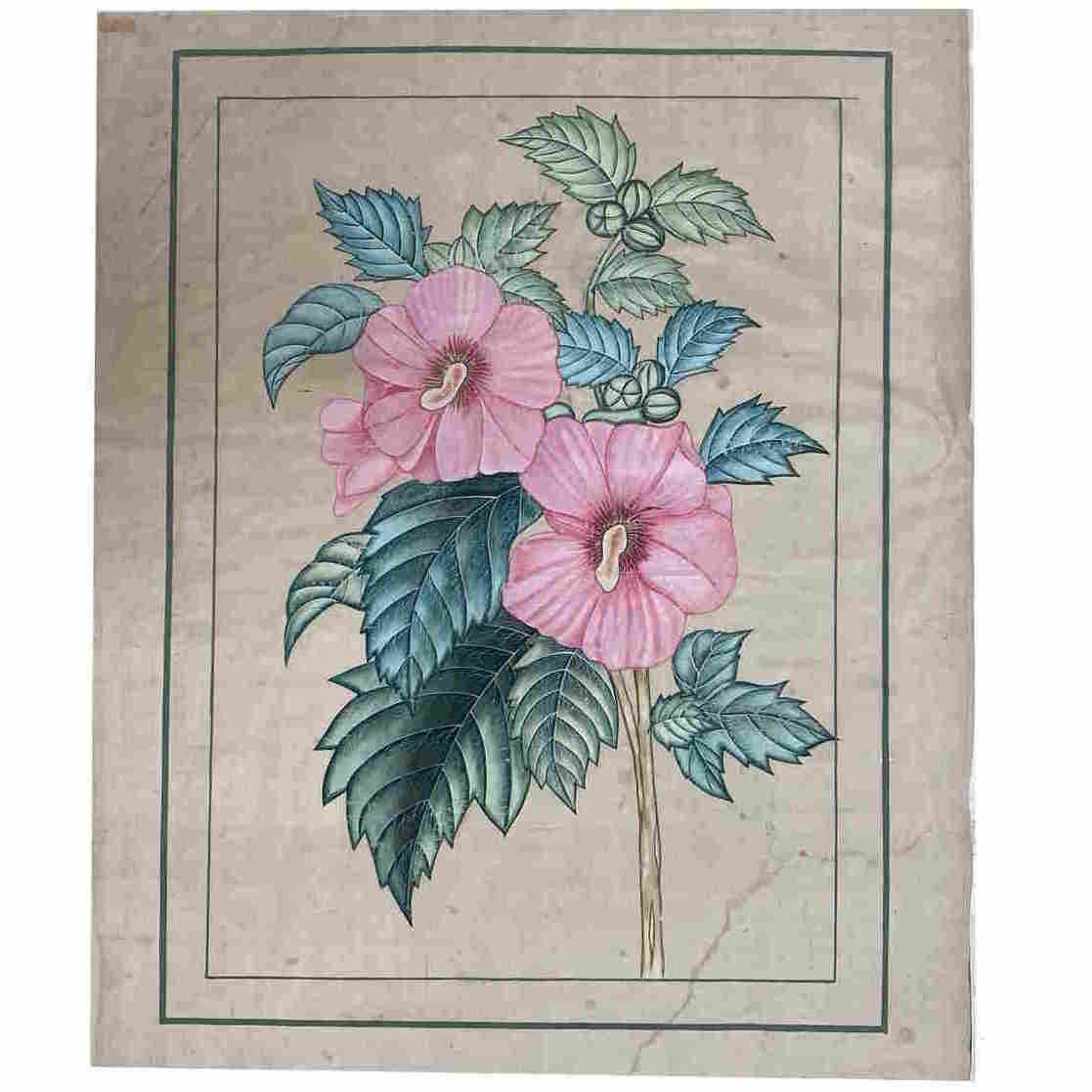 Hand-painted botanical silk panel with pink hibiscus blooms.