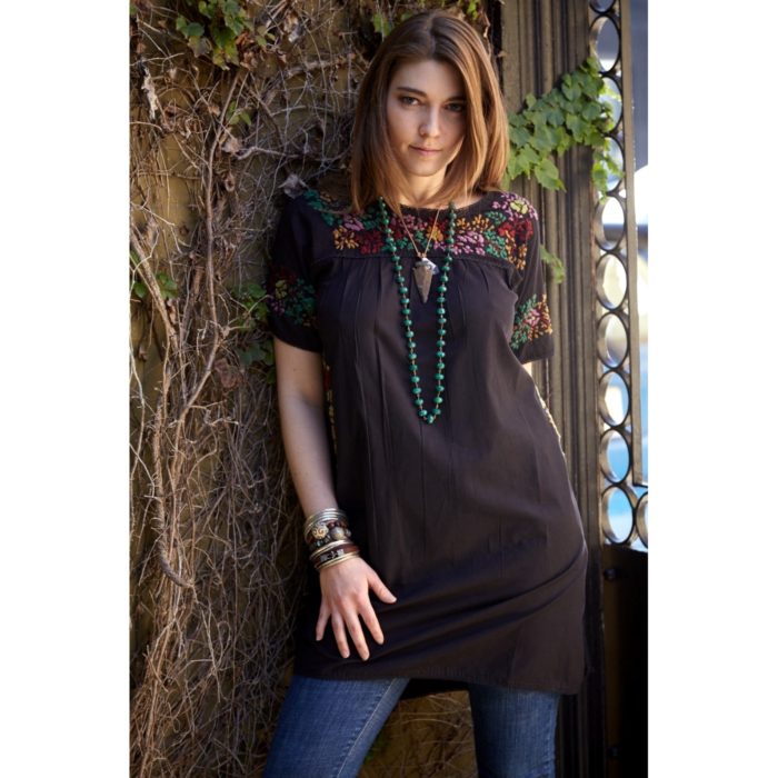 Alicia Tunic Dress with Multi-Colored Embroidery on Black: Mexican Dress