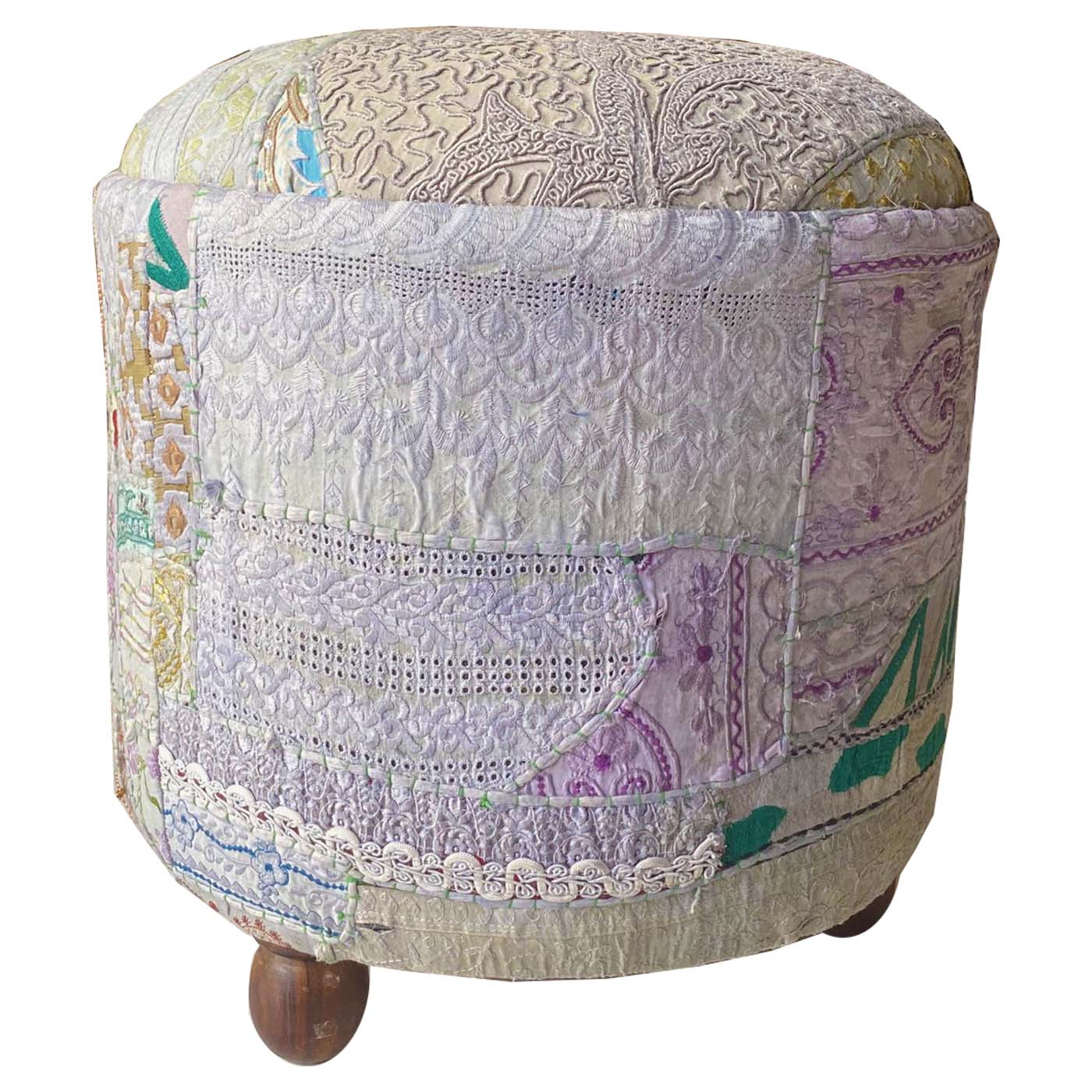 Hand-Embroidered Patchwork Ottoman Footstool - Purple Patches