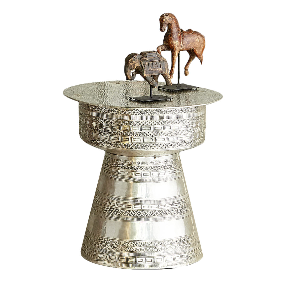 Brass Drum Table, Silver Finish by AOI Home Dallas Design