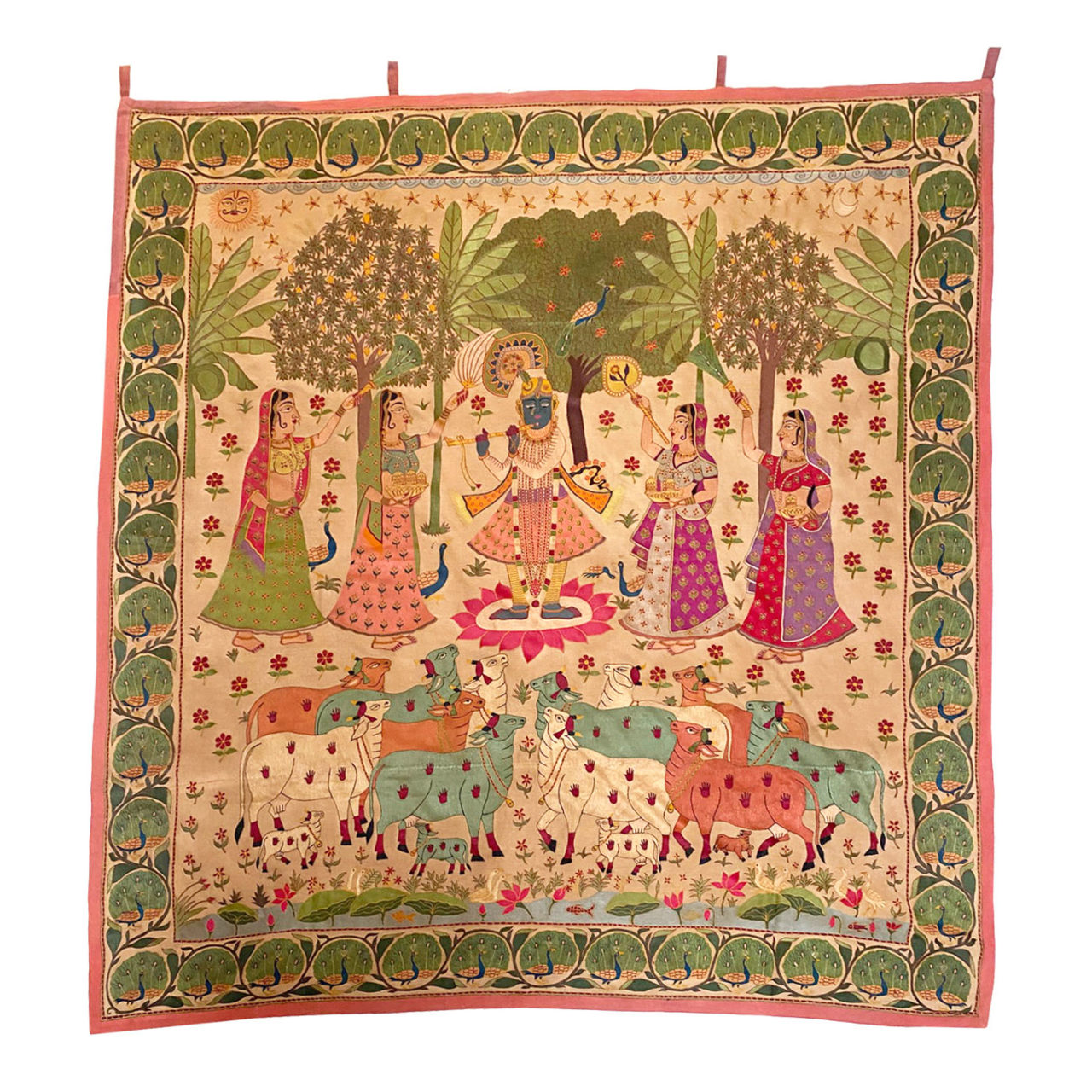 peacock-border-pichwai-in-muted-colors-krishna-art-hindu-textile