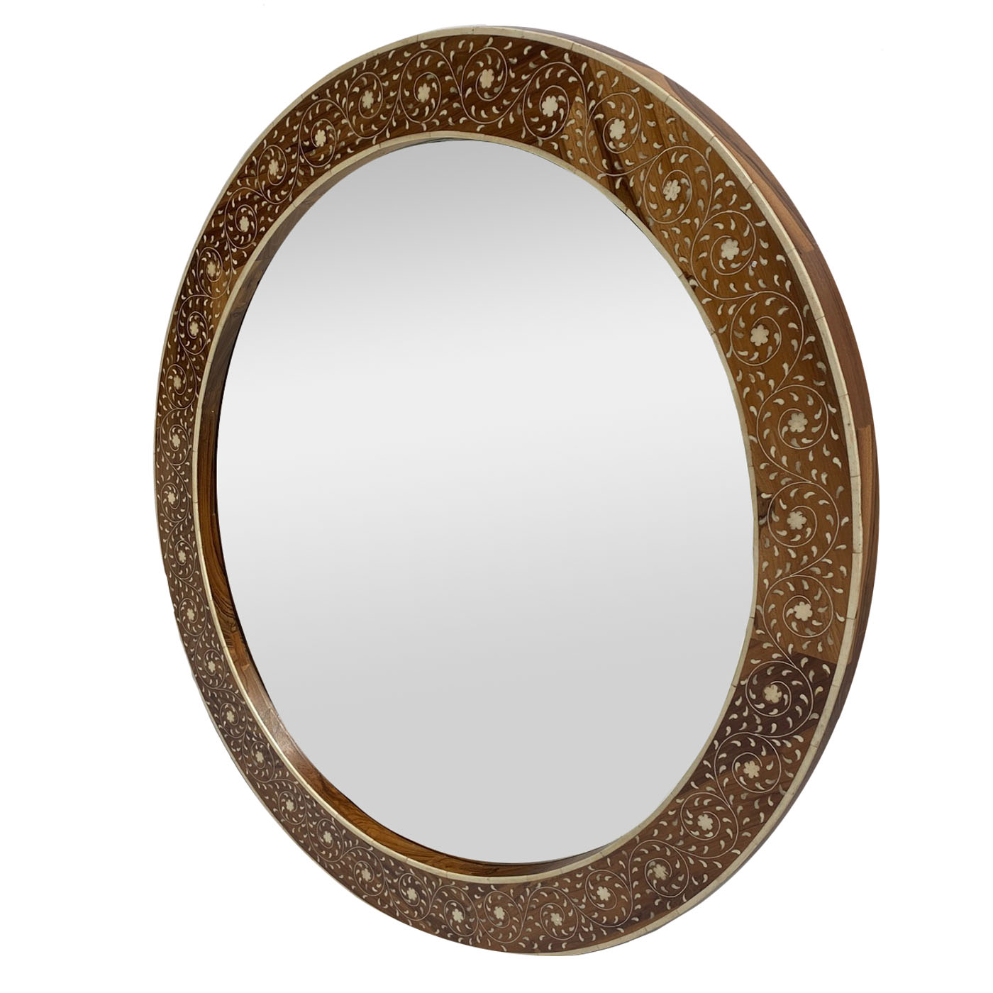 A round bone inlay mirror from the luxury design showroom AOI Home.