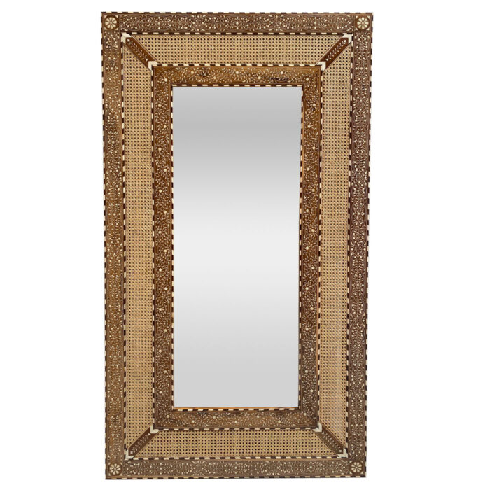 Elegant handcrafted bone inlay and cane mirror with natural textures and intricate detailing – ideal luxury statement mirror for sophisticated interior design projects.