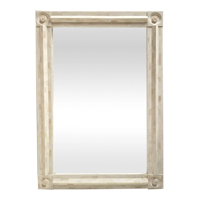 Rectangular wall mirror overlaid with bone that is ideal for high end traditional and transitional homes and interior designers.