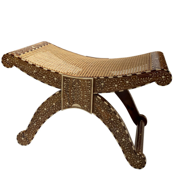 Handcrafted Bone Inlay Roman Stool – Teak Wood Accent Seating with Cane Top | Luxury Boho, Traditional, and Eclectic Interior Design Furniture
