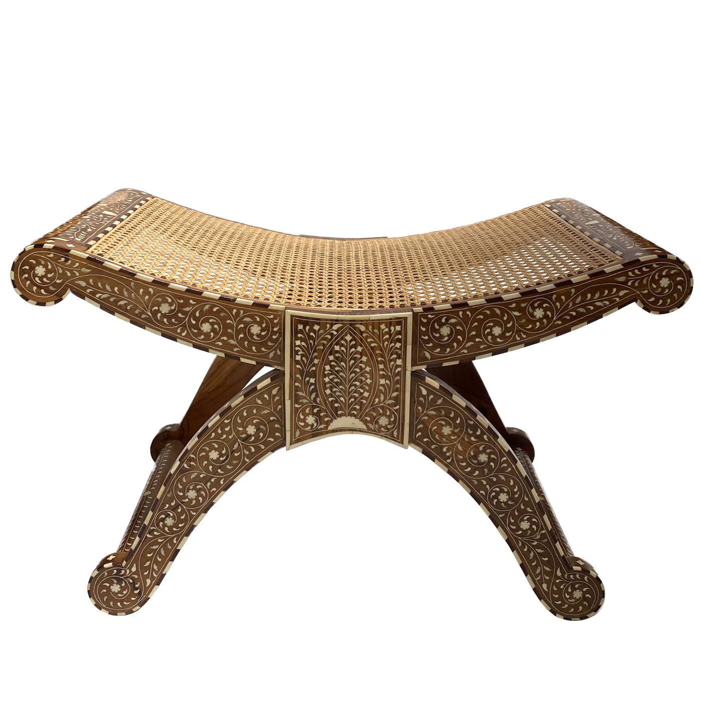 Handcrafted Bone Inlay Roman Stool – Teak Wood Accent Seating with Cane Top | Luxury Boho, Traditional, and Eclectic Interior Design Furniture