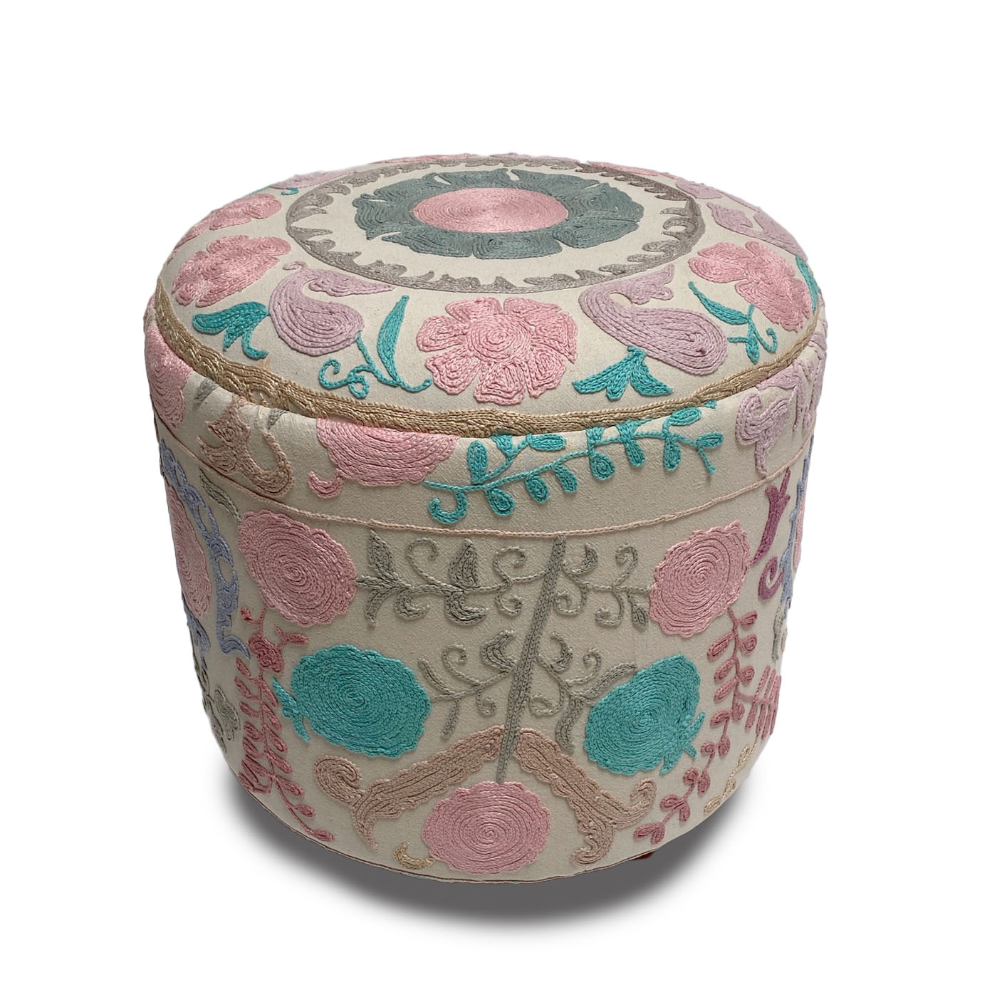Pastel floral Suzani ottoman pouf with hand embroidery – perfect for grandmillennial decor, cottagecore interiors, and traditional-meets-modern living rooms.