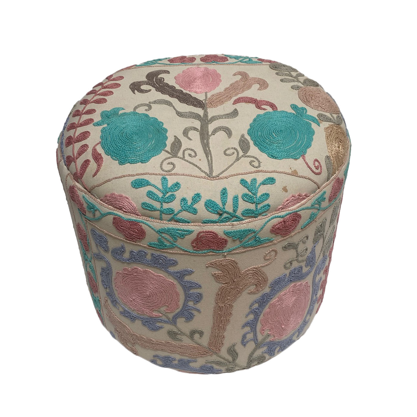 Pastel floral Suzani ottoman pouf with hand embroidery – perfect for grandmillennial decor, cottagecore interiors, and traditional-meets-modern living rooms.