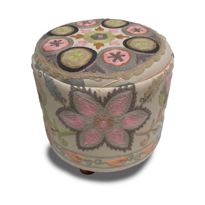 Pastel floral Suzani ottoman pouf with hand embroidery – perfect for grandmillennial decor, cottagecore interiors, and traditional-meets-modern living rooms.
