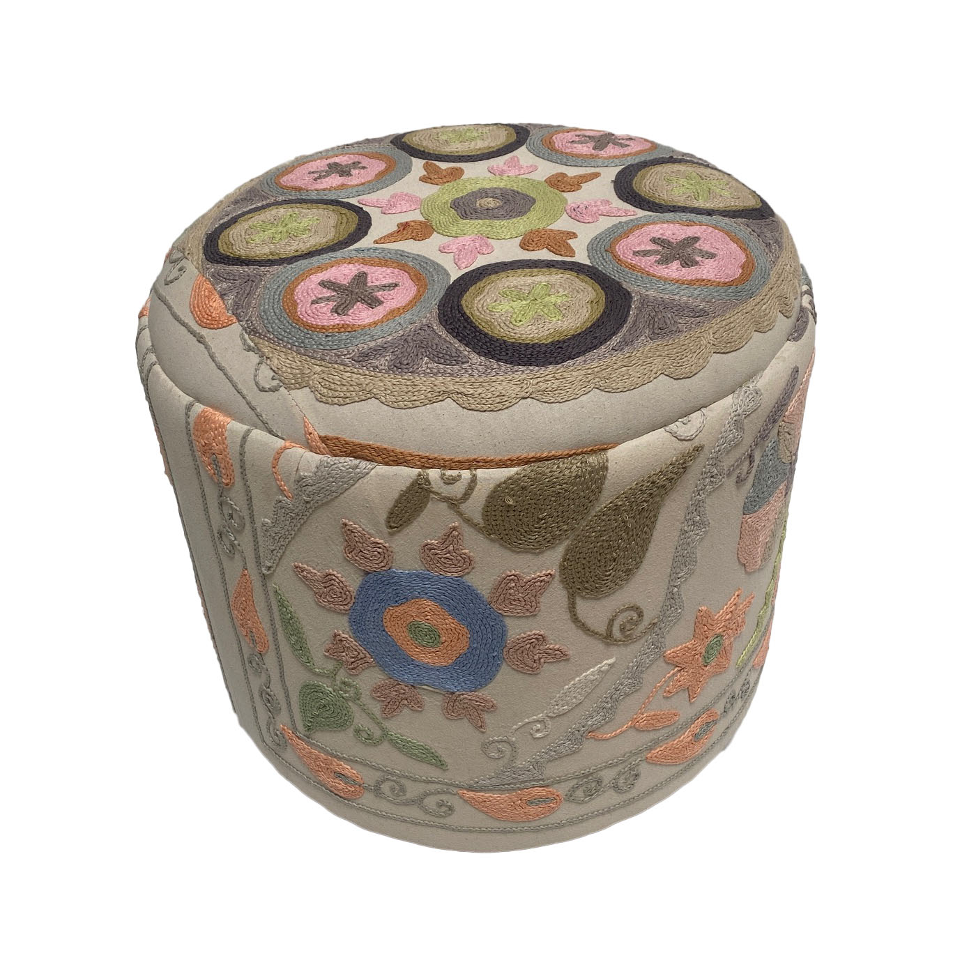 Pastel floral Suzani ottoman pouf with hand embroidery – perfect for grandmillennial decor, cottagecore interiors, and traditional-meets-modern living rooms.
