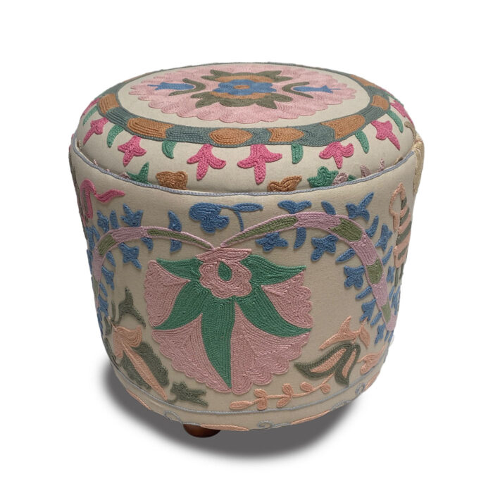 Pastel floral Suzani ottoman pouf with hand embroidery – perfect for grandmillennial decor, cottagecore interiors, and traditional-meets-modern living rooms.