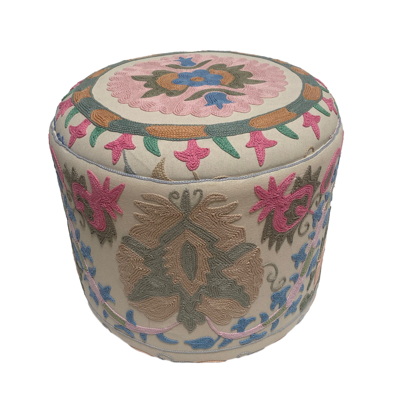 Pastel floral Suzani ottoman pouf with hand embroidery – perfect for grandmillennial decor, cottagecore interiors, and traditional-meets-modern living rooms.