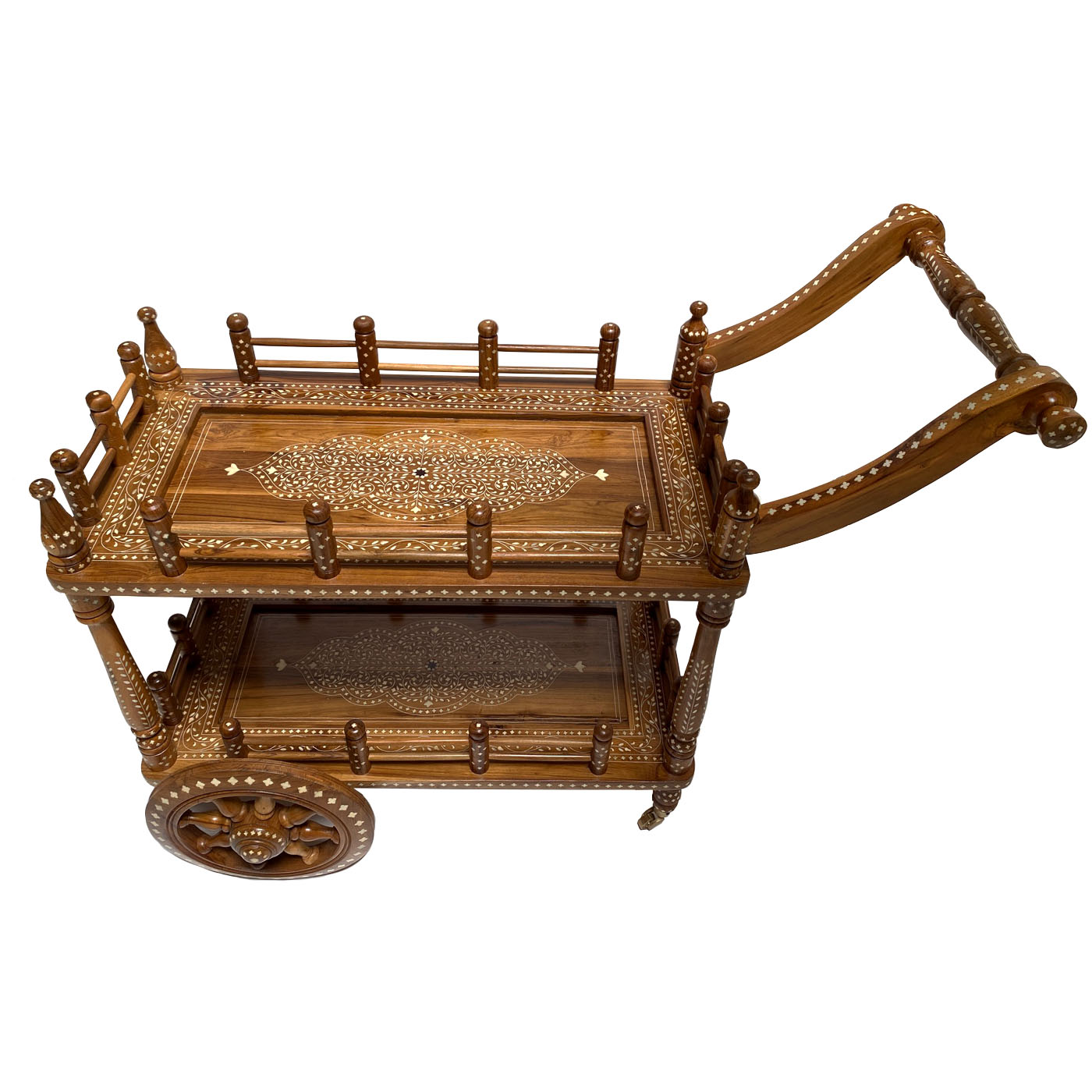 An exclusive bone inlay bar cart or tea trolley from the luxury design showroom AOI Home.