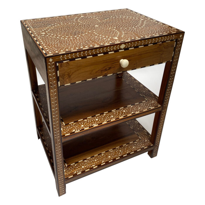 Luxury handcrafted teak wood and bone inlay side table with drawer and shelves – Indian artisan furniture for upscale Dallas interior design