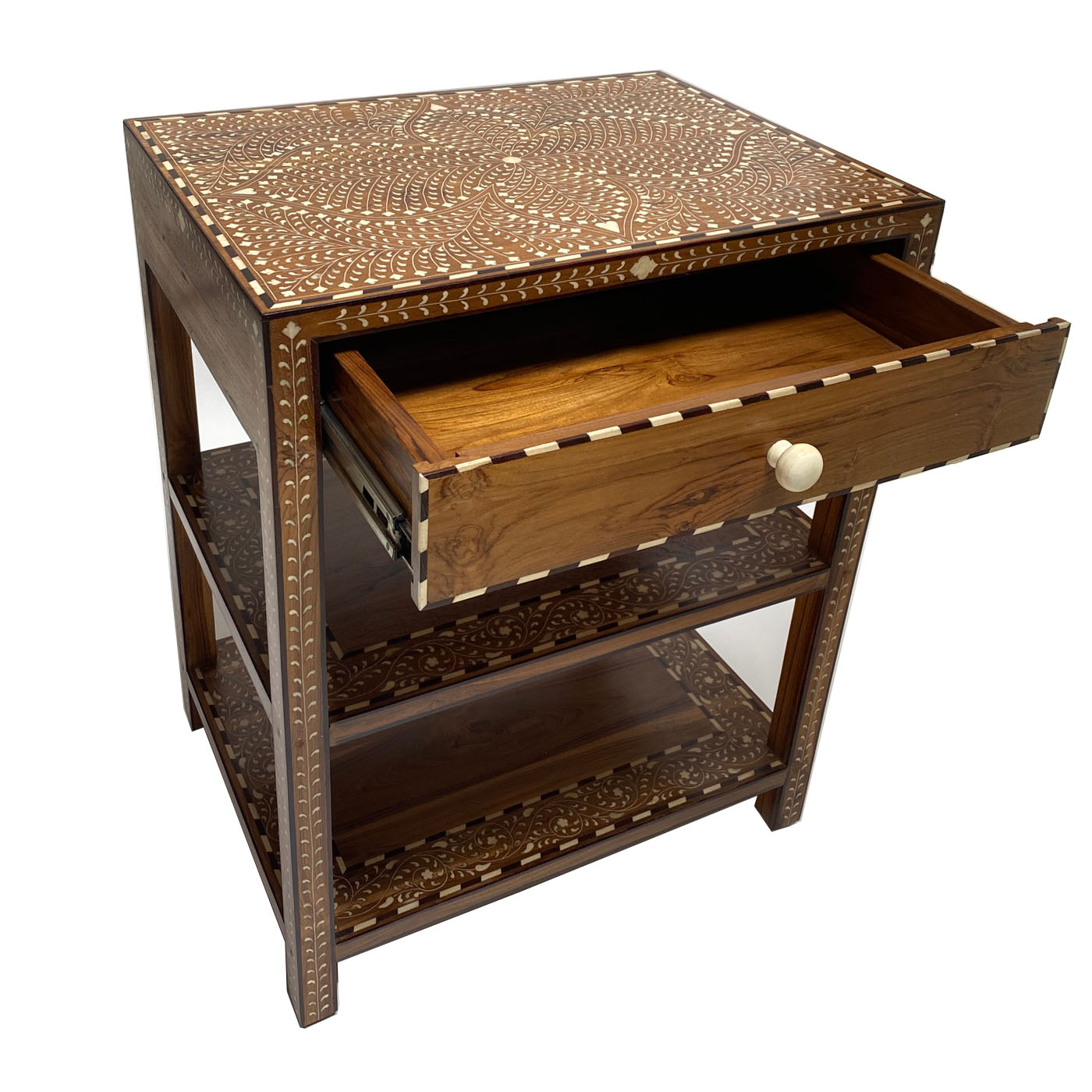 Luxury handcrafted teak wood and bone inlay side table with drawer and shelves – Indian artisan furniture for upscale Dallas interior design