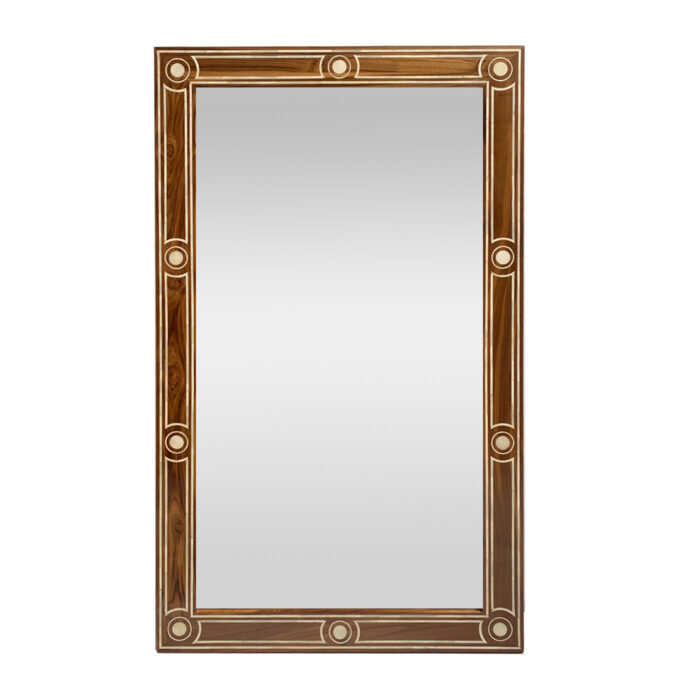A classic and refined bone inlay mirror in a rectangular shape from the showroom AOI Home.