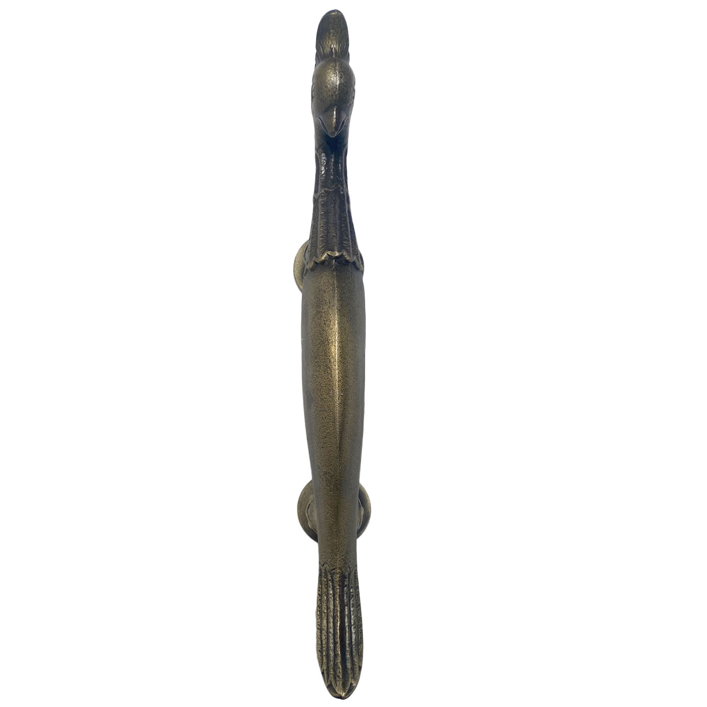A unique brass handle shaped like a peacock from the Dallas design store AOI Home.