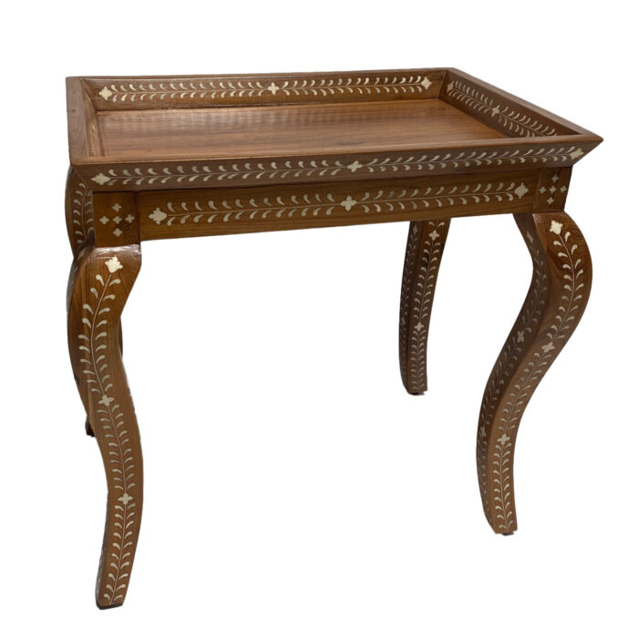 Teak wood bone inlay side table featuring curved legs. Ideal for high-end interiors and luxury design projects.