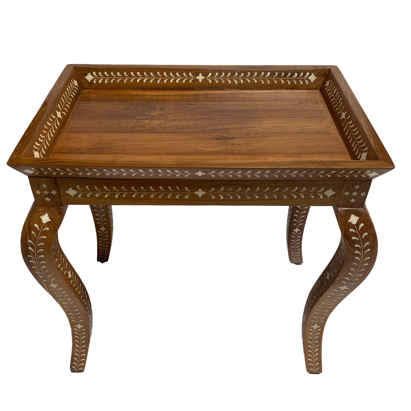 Teak wood bone inlay side table featuring curved legs. Ideal for high-end interiors and luxury design projects.