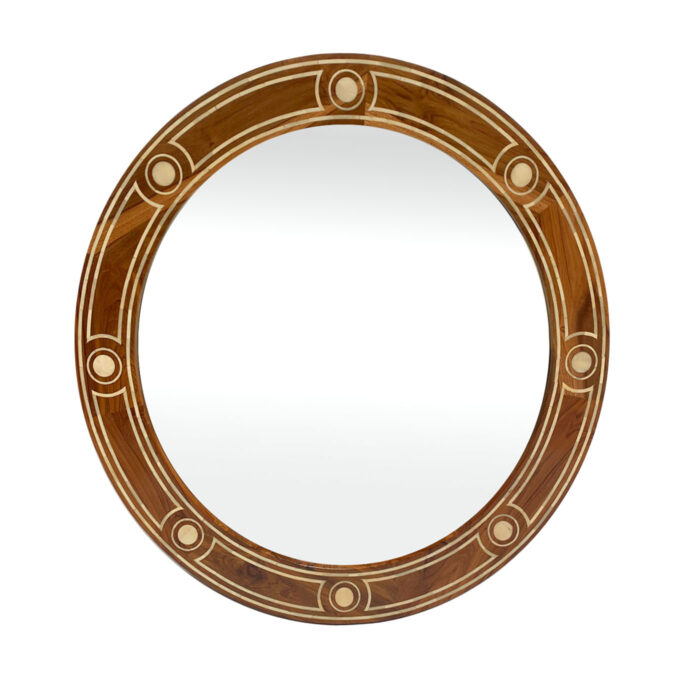 An round bone inlay mirror designed by the interior designer favorite shop AOI Home.