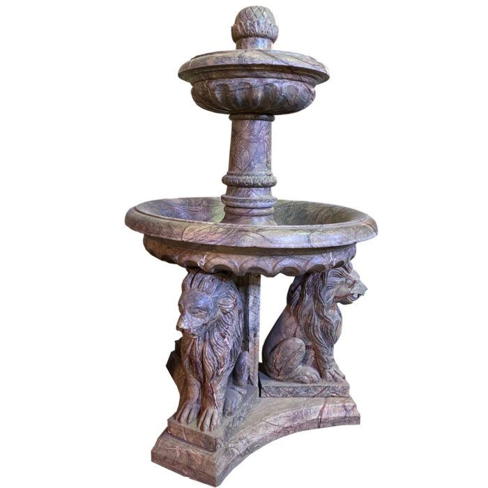 Hand-carved stone two-tier lion fountain with lion base, monumental garden centerpiece for luxury Dallas estate and hospitality design from the designer showroom AOI Home.