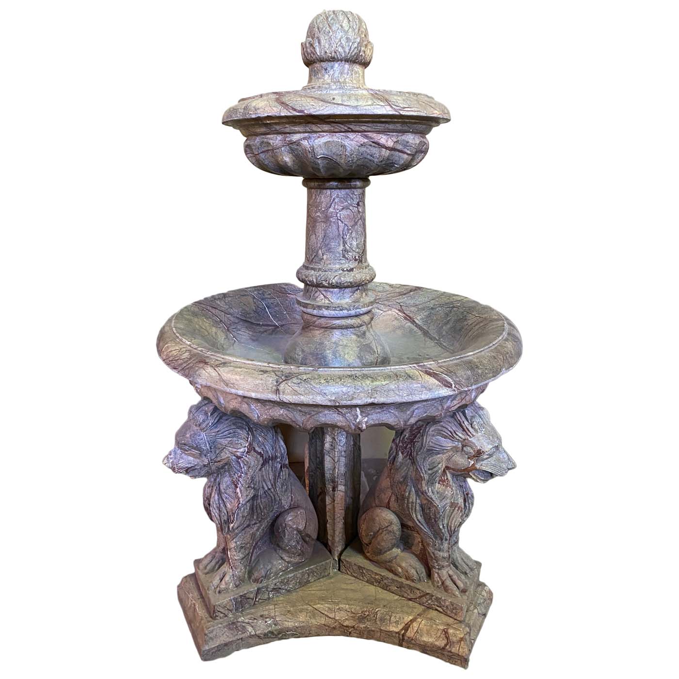 Hand-carved stone two-tier lion fountain with lion base, monumental garden centerpiece for luxury Dallas estate and hospitality design from the designer showroom AOI Home.