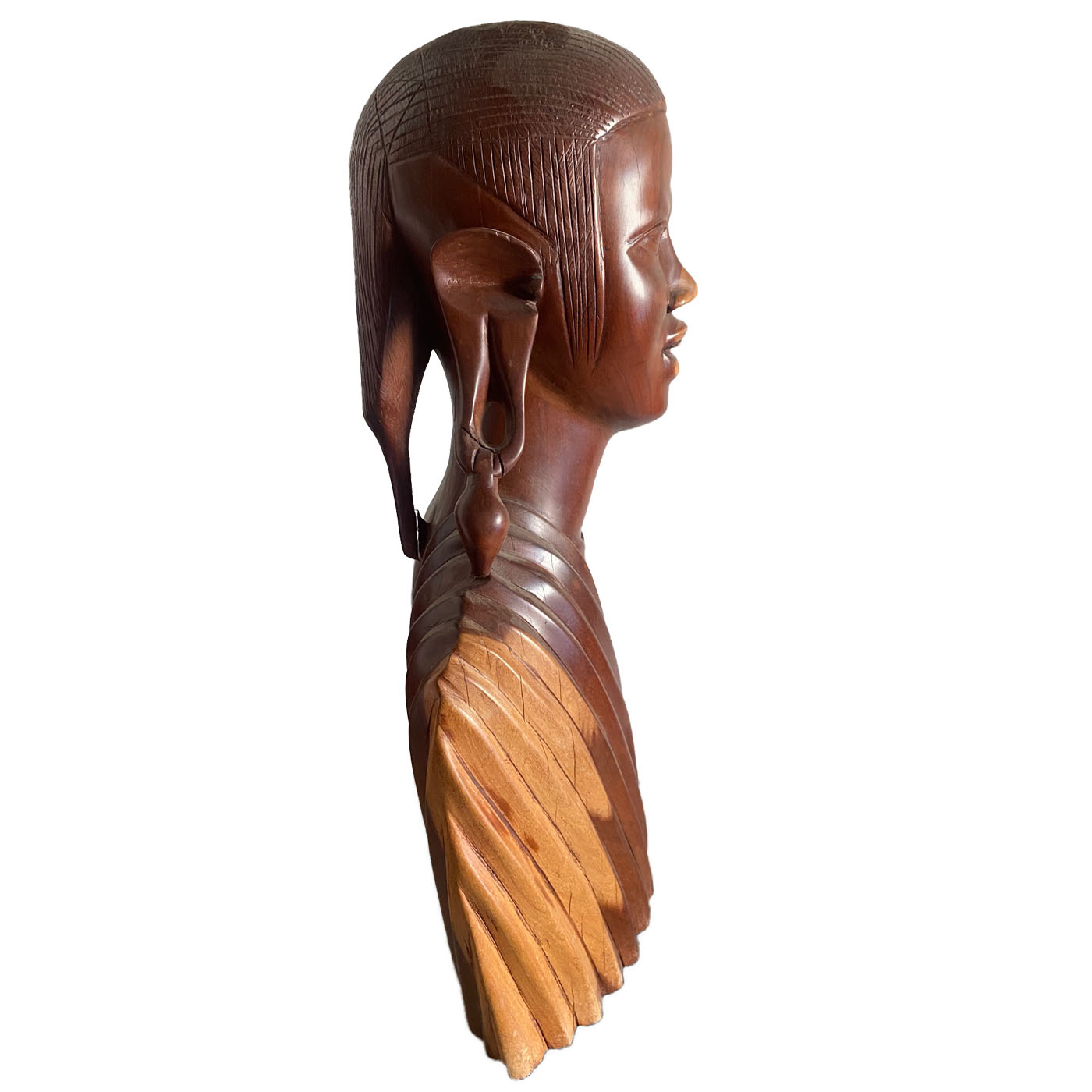 Hand-carved African Maasai warrior bust sculpture in rosewood, featuring traditional elongated earlobes, draped garment, and detailed facial expressions. Collectible East African Kenyan tribal piece for art collectors.