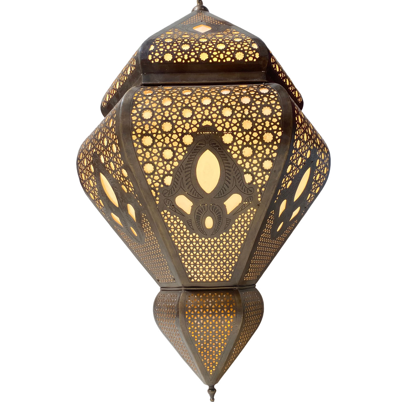 Large Moroccan brass pendant lantern, diamond silhouette, antique brass finish, ideal for homes or set design.