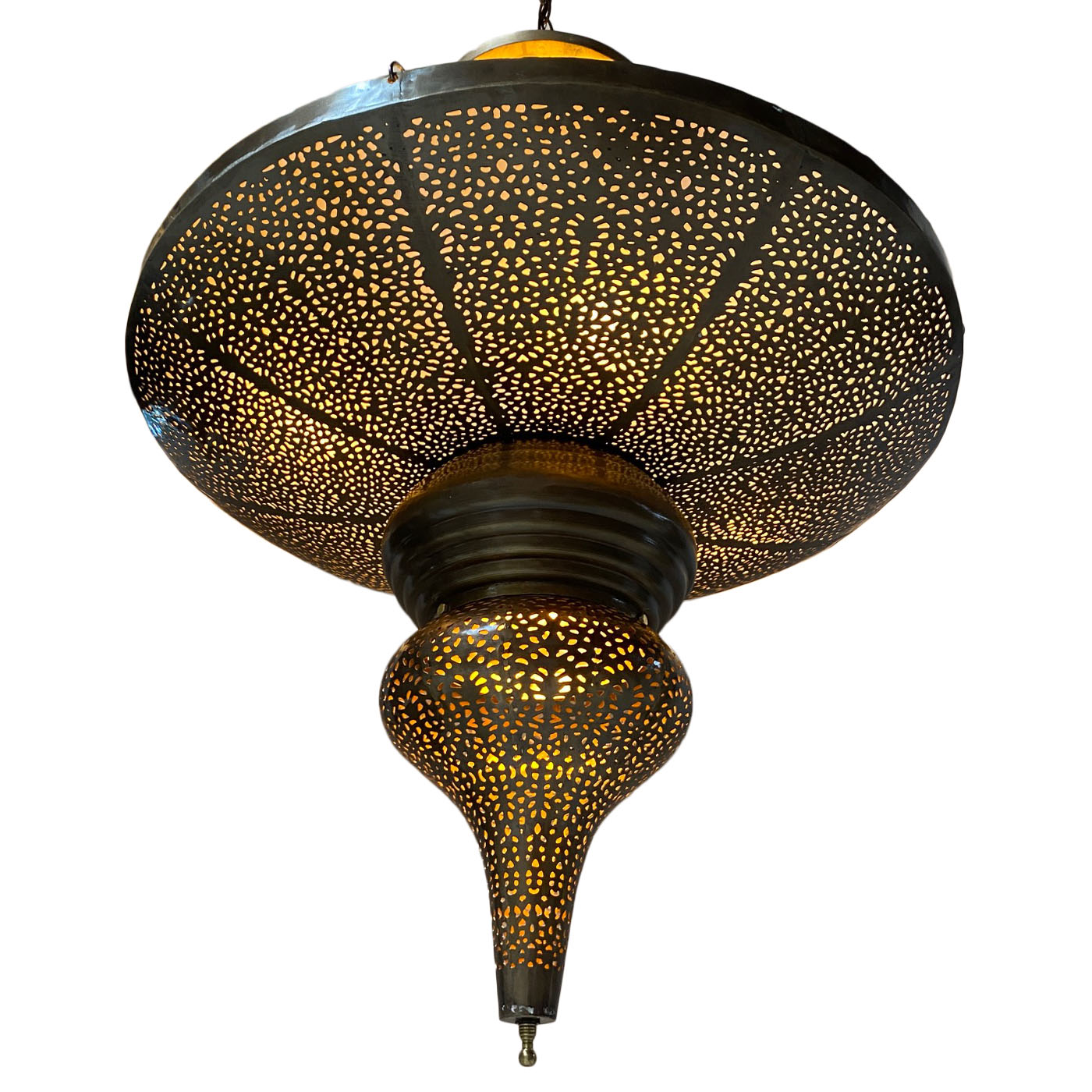 Handcrafted Moroccan brass pendant lantern with pierced star pattern, unique statement lighting from AOI Home Dallas