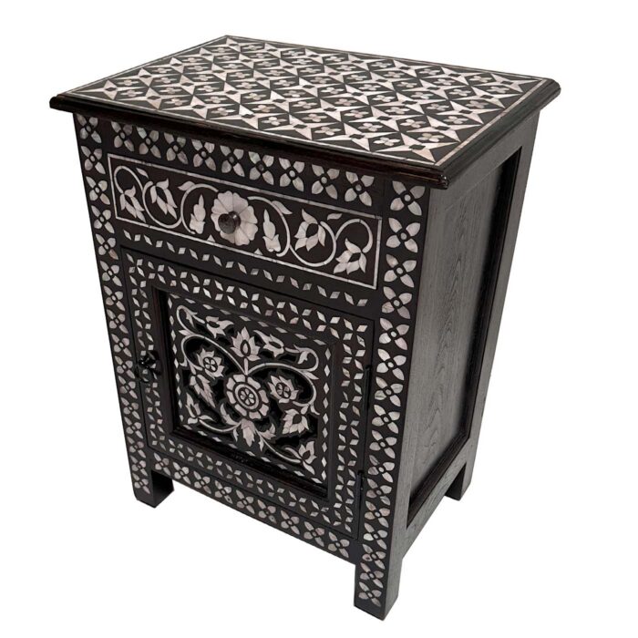 Handcrafted pearl inlay lattice nightstand with drawer and floral cabinet door, luxury furniture from AOI Home in Dallas