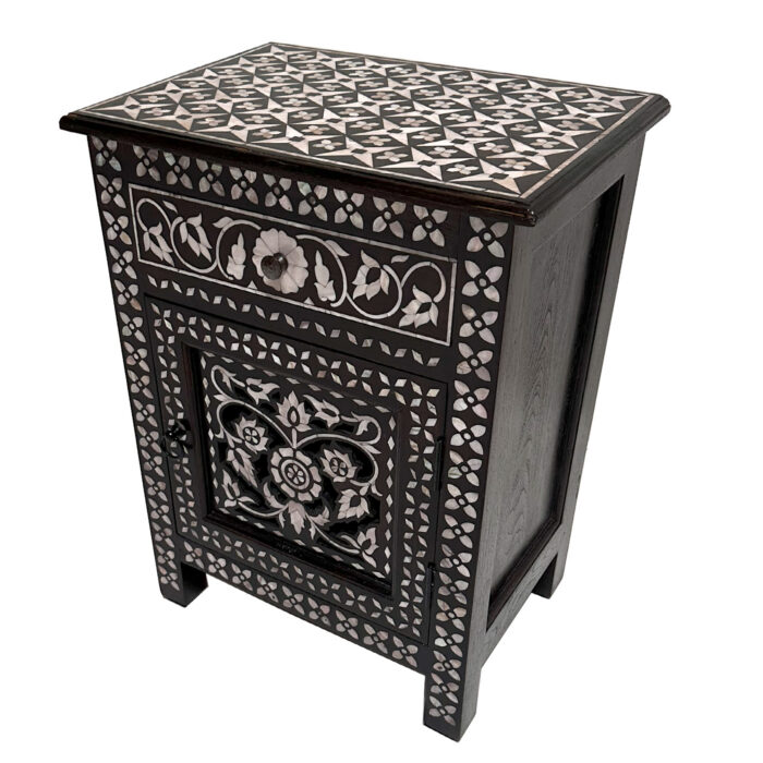 Handcrafted pearl inlay lattice nightstand with drawer and floral cabinet door, luxury furniture from AOI Home in Dallas