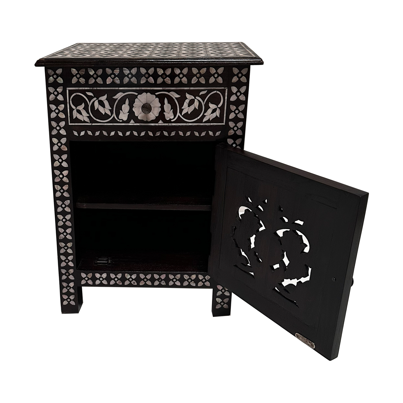 Handcrafted pearl inlay lattice nightstand with drawer and floral cabinet door, luxury furniture from AOI Home in Dallas